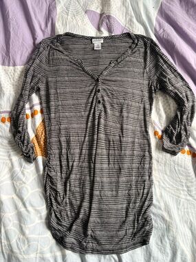 Motherhood Maternity Striped Gray & Black Henley Tunic Top